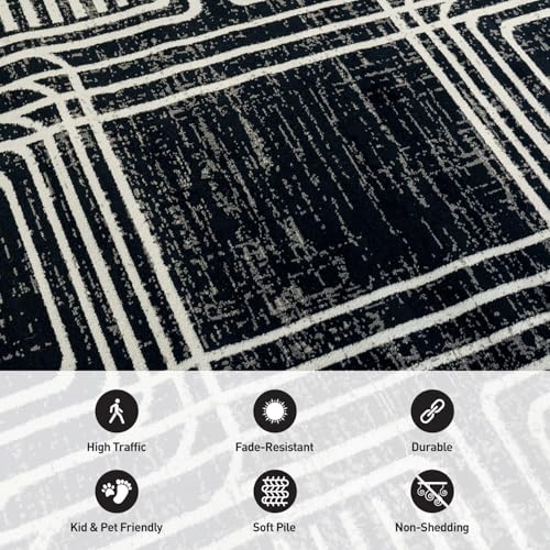 Black and White Geometric Area Rug – Abstract Curved Line and Square Pattern Carpet for Living Room, Bedroom, or Office – Contemporary Soft Floor Décor 2' 3" x 8' Runner Black