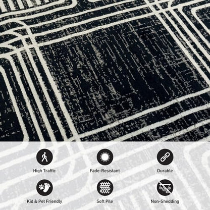 Black and White Geometric Area Rug – Abstract Curved Line and Square Pattern Carpet for Living Room, Bedroom, or Office – Contemporary Soft Floor Décor 2' 3" x 8' Runner Black