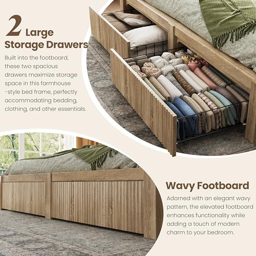 King Size Bed Frame and Headboard & 2 Storage Drawers,Wood, view 5