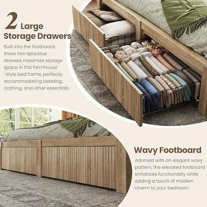 King Size Bed Frame and Headboard & 2 Storage Drawers,Wood, view 5
