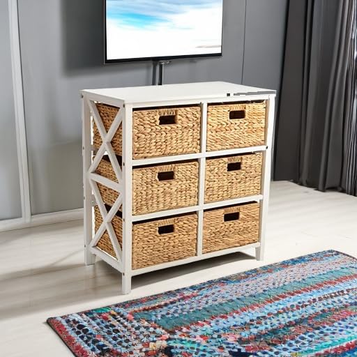3 Tier X-Side End Storage Cabinet Table, White | 6 Wicker Baskets, For Bedroom, For Living Room