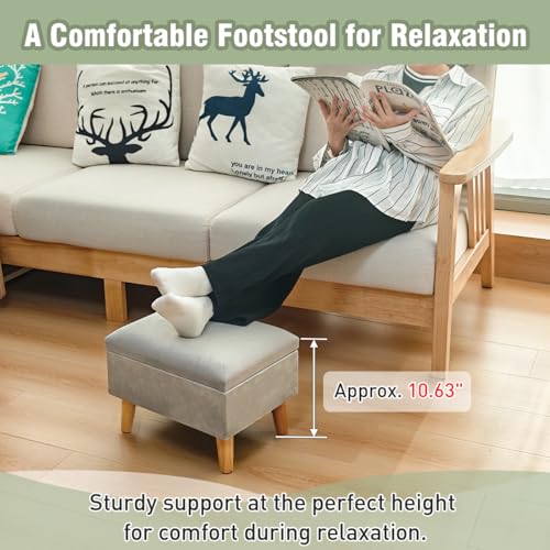 Small Ottoman with Storage Foot Rest Foot Stool Beige | Padded Seat Pet Step for Dog Under Desk Stool for Living Room Bedroom Office Entryway