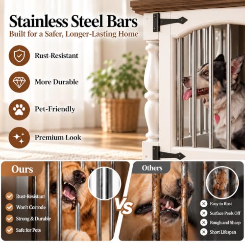 62" Farmhouse Dog Crate Furniture for 2 Dogs,Dog Crate TV Stand, White, view 4