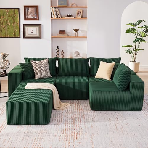 Cloud Couch Sectional, Modular Sofa with Deep Seat, Plush Corduroy U Shaped Boneless Couch, Convertible Sectional Couches for Living Room (Green, 4 Seater & 2 Ottomans)