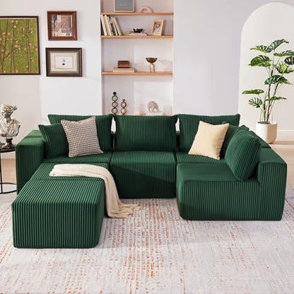 Cloud Couch Sectional, Modular Sofa with Deep Seat, Plush Corduroy U Shaped Boneless Couch, Convertible Sectional Couches for Living Room (Green, 4 Seater & 2 Ottomans)