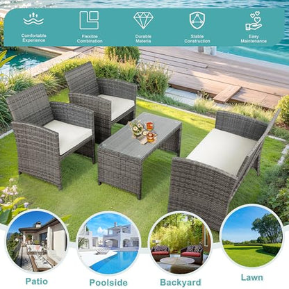 Patio Furniture Set 4 Piece Outdoor Furniture Set, PE Rattan Wicker Patio Conversation Set with Cushions & Glass Coffee Table, Backyard Patio Seating for Balcony Porch Garden Poolside, White