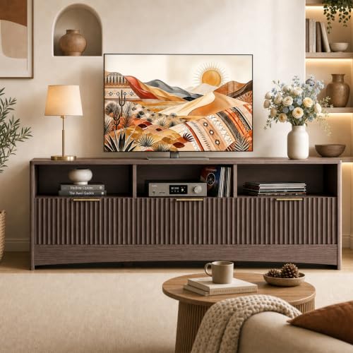Fluted TV Stand Mid Century Modern TV Stands for 65 inch TV, Walnut, view 3