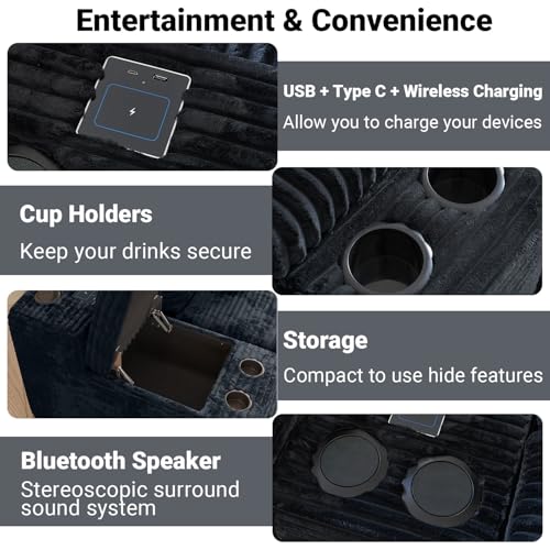 150" Modular Sectional Couch with Bluetooth Speaker, 5-Piece Cloud Sectional Sofa with Console, Storage, USB, 2 Ottoman & Cup Holder, U Shaped Boneless Couches for Living Room Furniture, Black