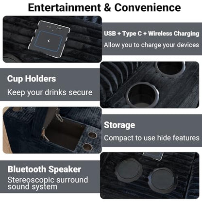 150" Modular Sectional Couch with Bluetooth Speaker, 5-Piece Cloud Sectional Sofa with Console, Storage, USB, 2 Ottoman & Cup Holder, U Shaped Boneless Couches for Living Room Furniture, Black