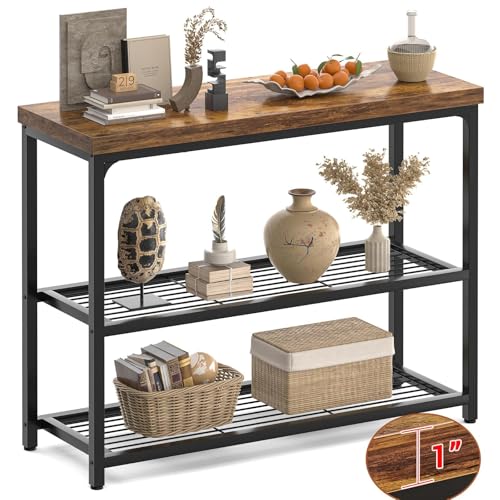 32" Small Console Table with Storage, 3-Tier Industrial Narrow Entryway Table with Mesh Shelves, Sofa Table Behind Couch for Hallway Foyer Living Room, Sturdy Metal Frame, Rustic Brown