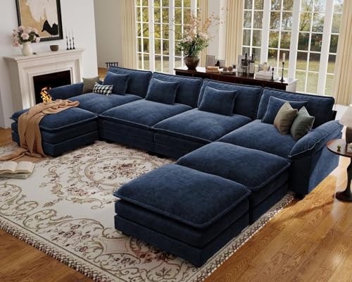 154" Oversized Modular Sectional Sofa, Comfy U-Shaped Cloud Couch w/ 3 Movable Ottoman, 7-Seater Chenille Deep Seat Modern Sofa Couch for Living Room, DIY Combination, Blue