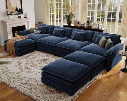 154" Oversized Modular Sectional Sofa, Comfy U-Shaped Cloud Couch w/ 3 Movable Ottoman, 7-Seater Chenille Deep Seat Modern Sofa Couch for Living Room, DIY Combination, Blue