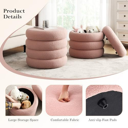 20.1 Inch Round Storage Ottoman, Modern Sherpa Ottoman Coffee Table with Removable Top, Pink Vanity Stool with Storage for Bedroom, Living Room, Dorm, Set of 1