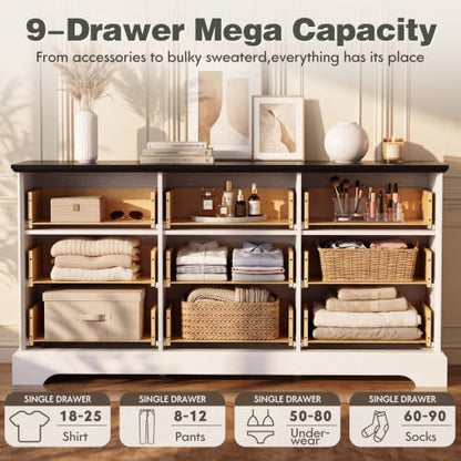 White Dresser for Bedroom, 57" 9 Drawers Dresser, view 7