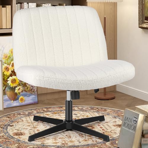 Criss Cross Chairs Armless No Wheels Wide Seat Cross Legged Height Adjustable Swivel Rolling Padded Teddy Fleece Cute Home Office Desk Seating for Bedroom, Study Room, Teddy Beige No Wheel