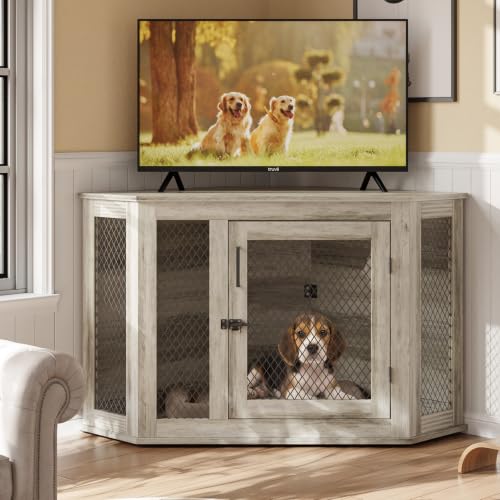 52 inch Corner Dog Crate Furniture, Wooden Dog Kennel Furniture with Mesh, view 5