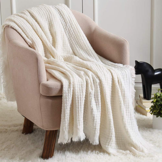 Farmhouse Boho Knitted Throw Blanket for Couch Sofa Chair Bed Home Decoration, Soft Warm Cozy Light Weight for Spring Summer Fall (50''X60'' off White/Ivory/Cream)