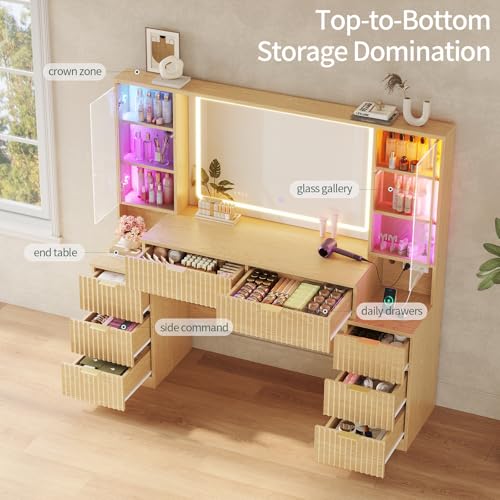 Big Vanity, Fluted Wood Makeup Vanity with Mirror Lights, Oak Vanity Desk, view 7