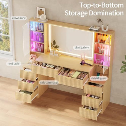 Big Vanity, Fluted Wood Makeup Vanity with Mirror Lights, Oak Vanity Desk, view 7
