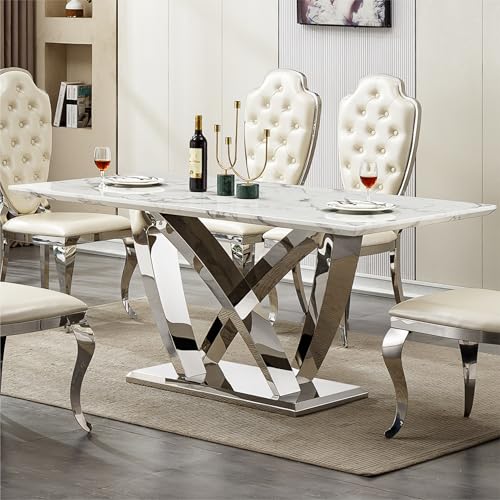 Marble Dining Table for 6 People, 70'' Rectangle Faux Marble Dining Table with Mirrored Stainless Steel Base, Large Size Marble Kitchen Table (Silver,White)(only Table)