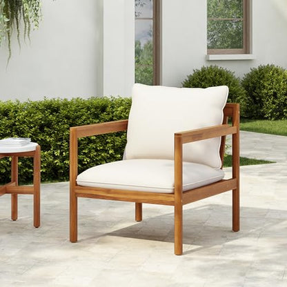 Krixi Acacia Wood Lounge Chair Outdoor with Rope Accent, Accent Chair with Water-Repellent Cushions, Comfy Chairs for Garden/Backyard, Heavy Duty Patio Furniture, Teak + Cream