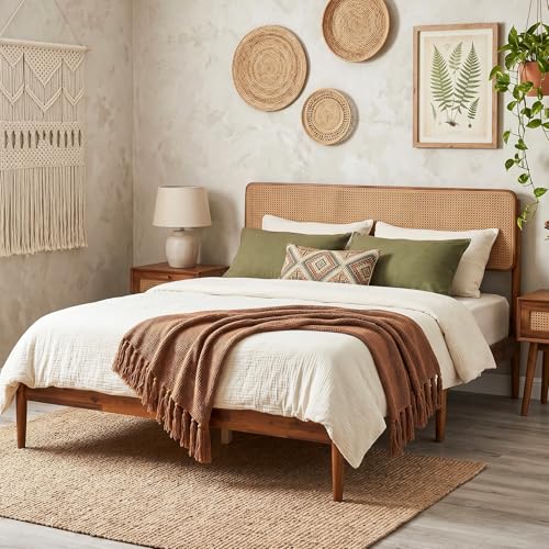 Queen Size Bed Frame w/Natural Rattan Headboard, Boho Platform Bed, view 4