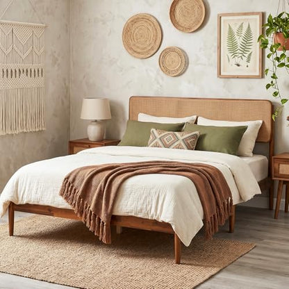 Queen Size Bed Frame w/Natural Rattan Headboard, Boho Platform Bed, view 4