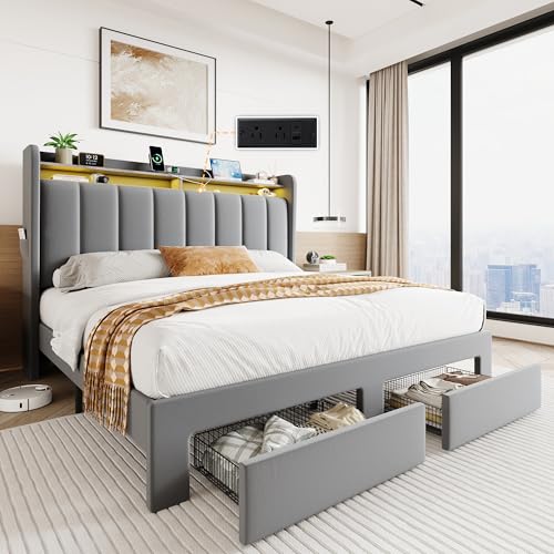 Velvet Queen Bed Frame with Vertical Channel Tufted Wingback Headboard & 2, view 2