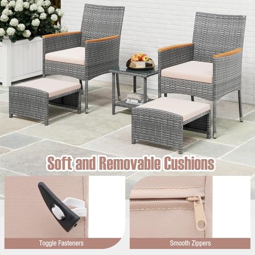 5 Pieces Patio Conversation Set, Outdoor PE Rattan Chairs with Soft Cushions, Ottomans & Tempered Glass Top Table, Acacia Wood Armrests, Patio Furniture Set (Mix Grey+Beige)