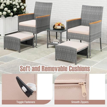 5 Pieces Patio Conversation Set, Outdoor PE Rattan Chairs with Soft Cushions, Ottomans & Tempered Glass Top Table, Acacia Wood Armrests, Patio Furniture Set (Mix Grey+Beige)