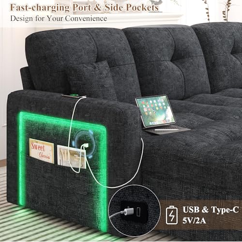 107'' LED Sectional Sleeper Sofa with Pull Out Couch Bed, U Shaped Couch with Storage Chaise, Adjustable Backrest & USB & 2 Pillows, Modern Chenille Home Sofa Living Room Furniture Set, Black