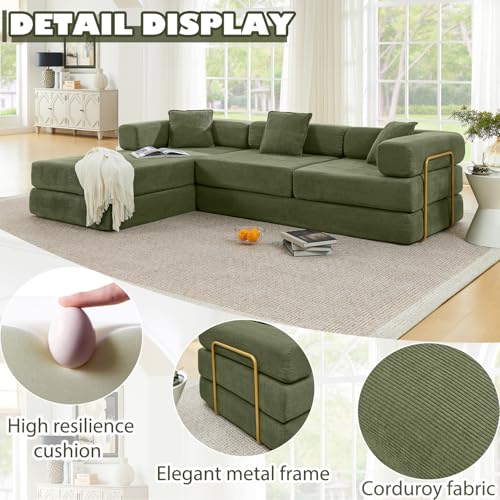 108" Modular Sectional Sofa, Futon Convertible Sofa Bed,Oversized Corduroy Boneless Couch for Living Room,Floor Loveseat Sleeper with Pull Out Bed,Free Combination,No Assembly Required (Green)