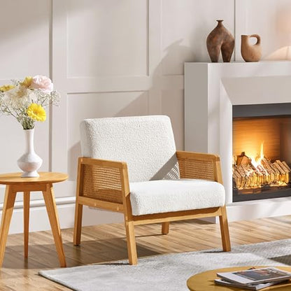 Yaheetech Rattan Accent Chair, Boho Vintage Armchair, Boucle Fabric Reading Chair with Wood Armrest and Legs for Living Room Bedroom Reception, Ivory