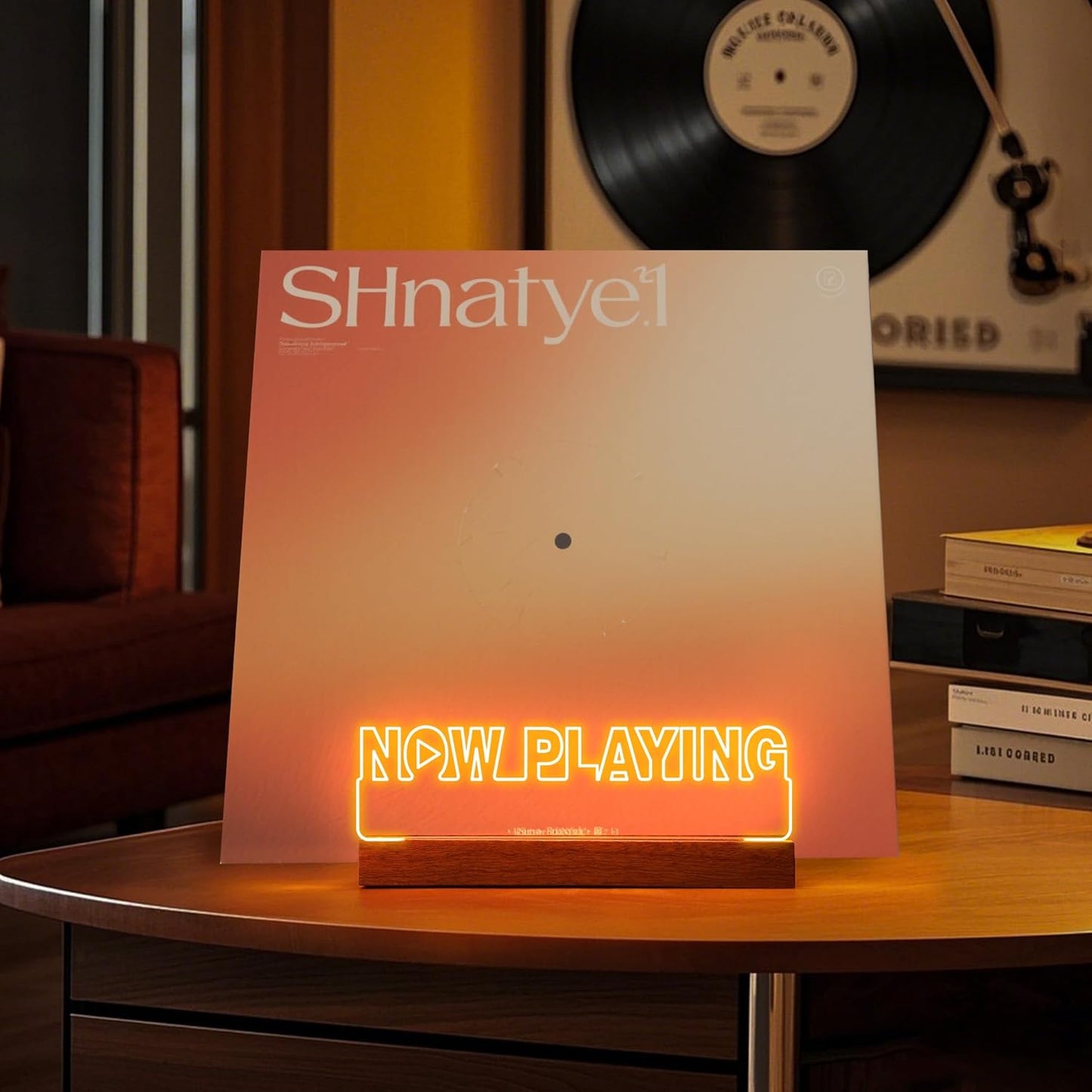 Now Playing Vinyl Record Stand, Light up Record Holder Stand Display Decor, LED Wooden Base with Soft Warm White Lights,Vinyl Album Storage Gifts for Music Lovers Room Decor