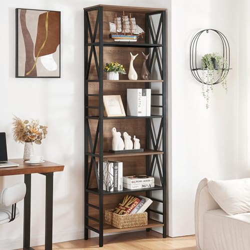 Tall Bookshelf, 7-Tier Book Shelf, Rustic Wood Metal Bookshelves and Bookcases, Freestanding and Industrial Open Bookcase for Home Office, Living Room and Bedroom, Vintage Brown