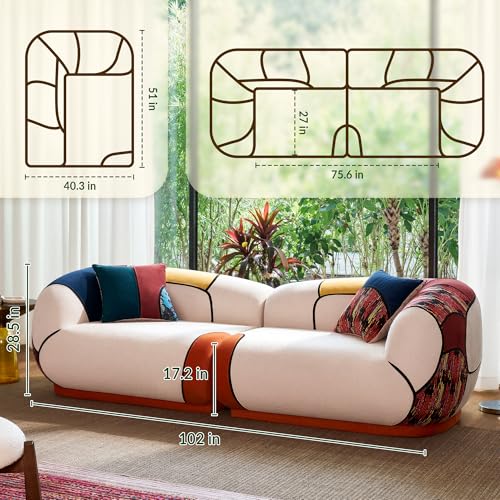 102" Oversized Modern Curved Sofa, Minimalist 4-Seat Chenille Couch for Living Room Apartment, Boneless Sectional Floor Lounge Couches with Bohemian Style Pillows, No Assembly