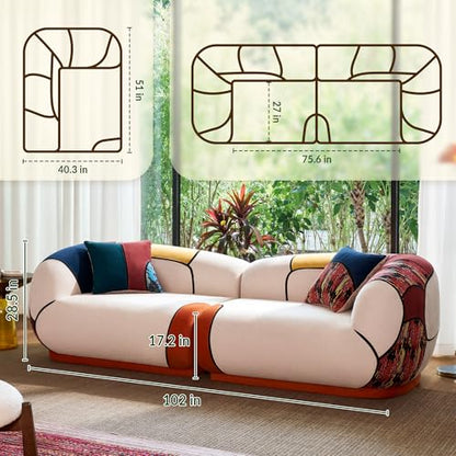 102" Oversized Modern Curved Sofa, Minimalist 4-Seat Chenille Couch for Living Room Apartment, Boneless Sectional Floor Lounge Couches with Bohemian Style Pillows, No Assembly
