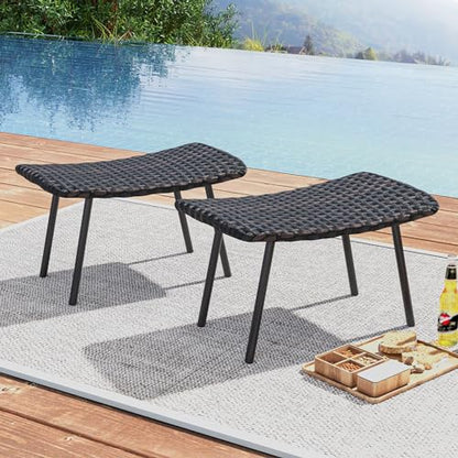 Set of 2 Patio Ottomans, Multipurpose Rattan Ottomans w/Padded Quick Dry Foam & Heavy-Duty Metal Legs, Outdoor Wicker Footrest Extra Seating for Poolside, Backyard All Weather Resistant