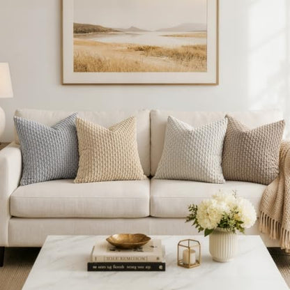 Pack of 2 Decorative Throw Pillow Covers 18x18 Inch Soft Boho Striped Textured Corduroy Pillow Covers Modern Farmhouse Home Decor for Couch Bed Sofa Living Room Beige