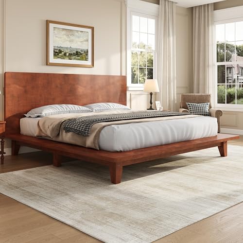 Queen Size Japanese Wooden Bed Frame with Brown Headboard, view 4