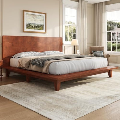 Queen Size Japanese Wooden Bed Frame with Brown Headboard, view 4