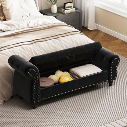 64.5" Bed Bench for Bed Room Nails Tufted Chaise of Lounge with Storage Velvet, view 8