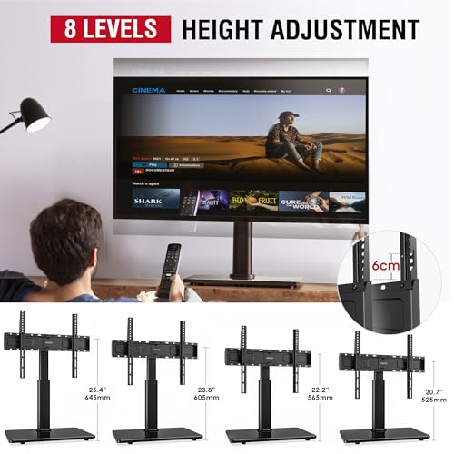 Swivel Universal TV Stand for 32-75 inch TVs with Tilt Down/Up, 8 Levels Height Adjustable Table Top TV Mount Stand with Stable Heavy Duty Tempered Glass Base, MAX VESA 600x400 mm, up to 99lbs, Black