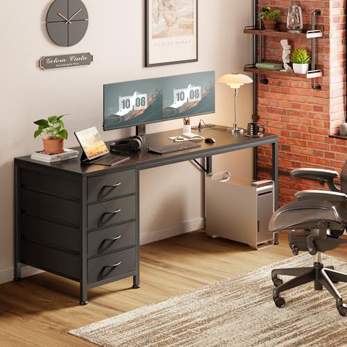 55.1 Inch Computer Office Desk with Power Outelts and USB-C Port, Reversible Gaming Desk with 4 Fabric Drawers, Work Study Desk Work from Home, Black