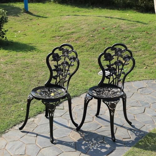 Rose Garden Cast Aluminum Bistro Chairs, Decorative Outdoor Patio Seating, Set of 2, White and Black (Rose Chair Bronze)