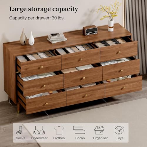 9 Drawer Dresser, 63" Wide Mid Century Modern Chest of Drawers, view 4