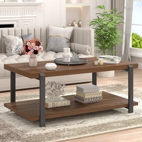 Modern Coffee Table with Storage Shelf, Rustic Wood Center Table for Living Room, Walnut