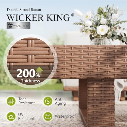 HDPE Patio Furniture Set, Modern Outdoor Sectional Sofa Set with 9.8" Cushions and 43.5" Wood Grain Coffee Table, Deep Seating Outdoor Conversation Set for Backyard(Beige, 5 Pieces)