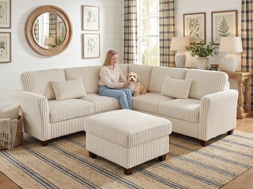 Sectional Corner Couch, Corduroy L Shaped Sofa, 6-Seat Couch,Beige