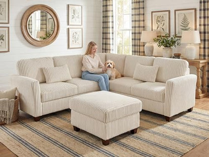 Sectional Corner Couch, Corduroy L Shaped Sofa, 6-Seat Couch,Beige